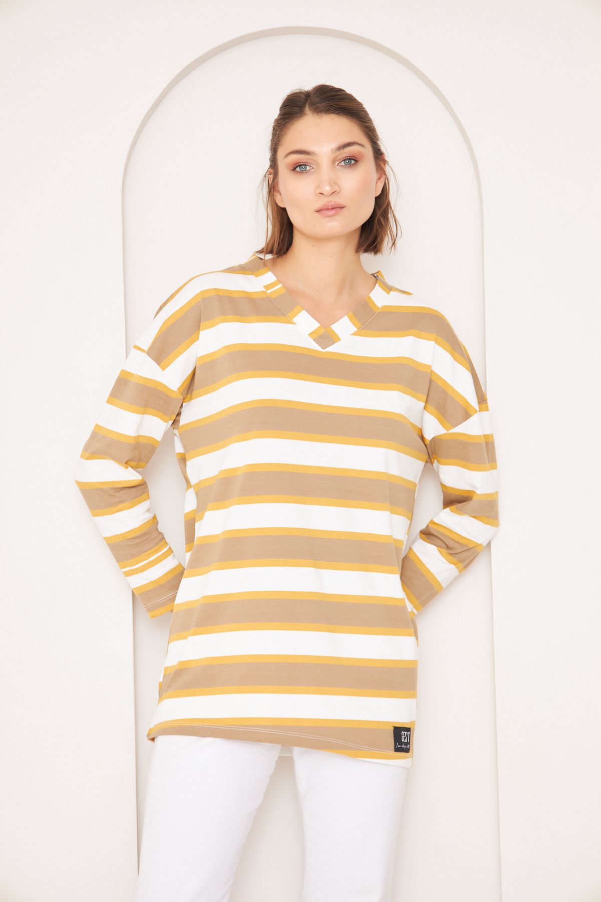 THEGEST-WOMEN'S :BORDO STRIPED V-NECK BASIC KNITTED T-SHIRT 1