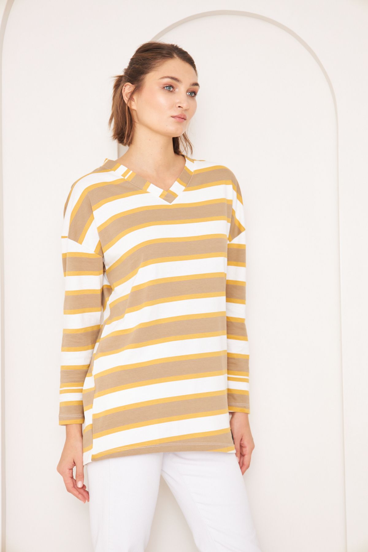 THEGEST-WOMEN'S :BORDO STRIPED V-NECK BASIC KNITTED T-SHIRT 3
