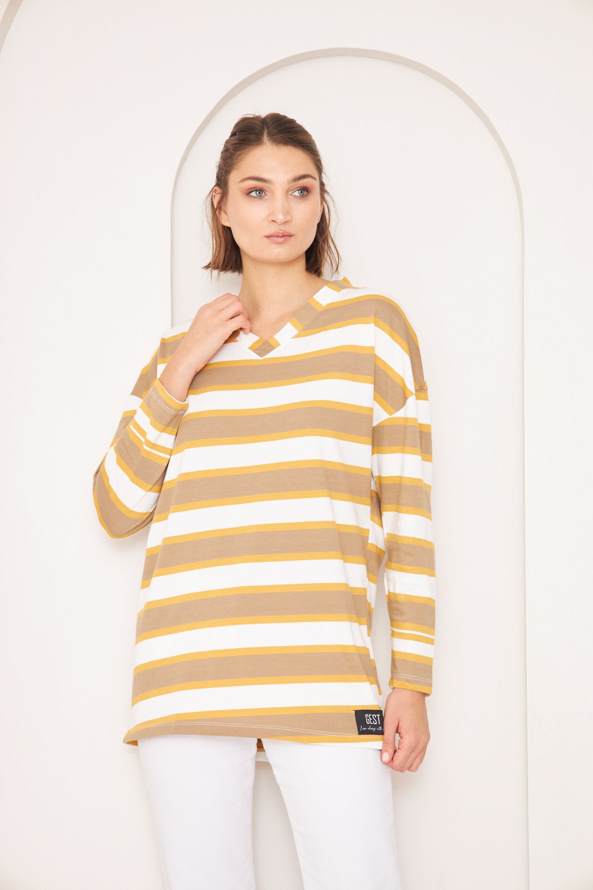 THEGEST-WOMEN'S :BORDO STRIPED V-NECK BASIC KNITTED T-SHIRT 5