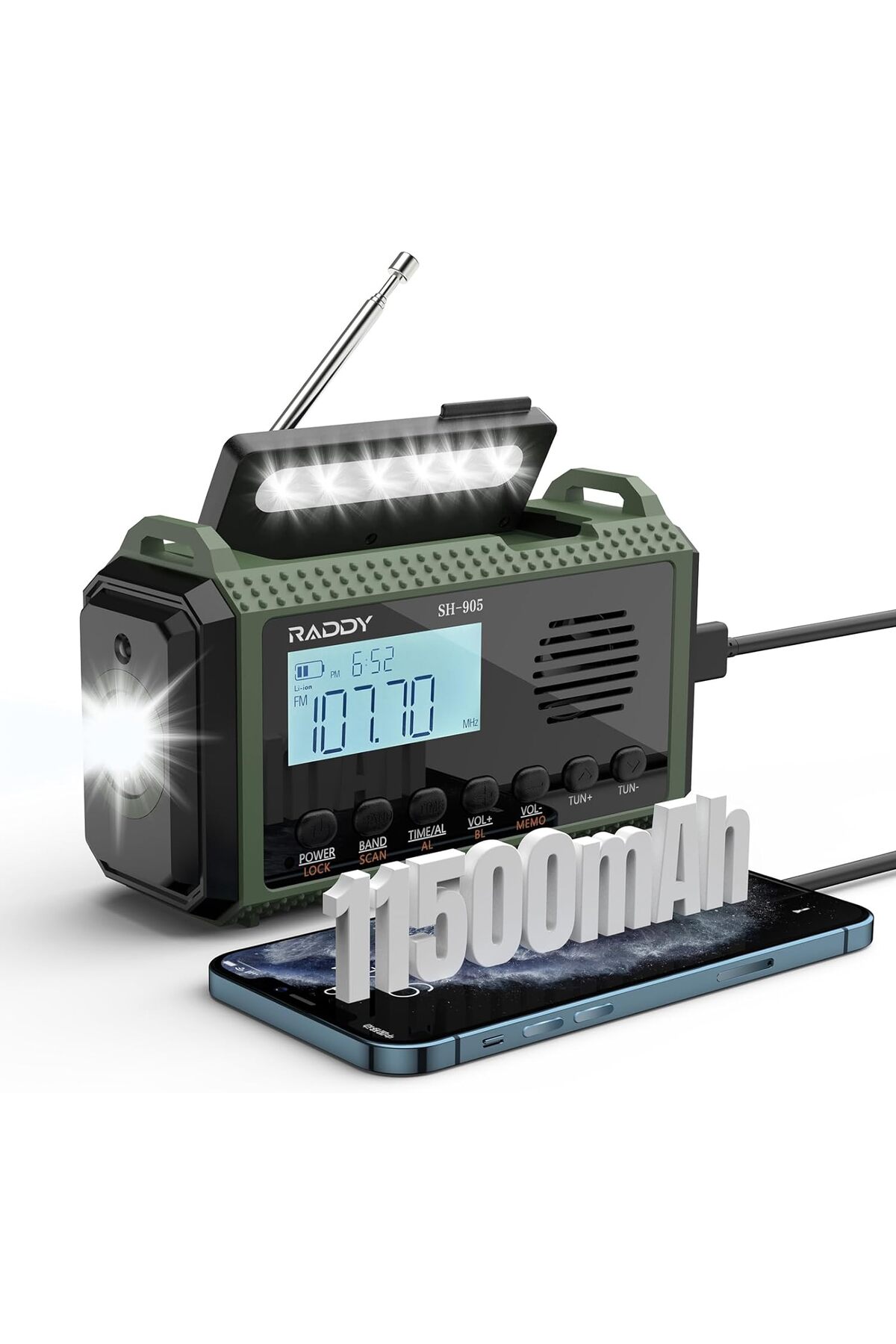 Raddy SH-907 Noodradio met APP-bediening, Handkruim, Zonne-energie, AM/FM/SW /VHF Ontvanger met 5000mAh Vervangbare Batterij, Zaklamp, SOS, Kompas voor Stroomuitval, Kamperen, Noodsituaties
