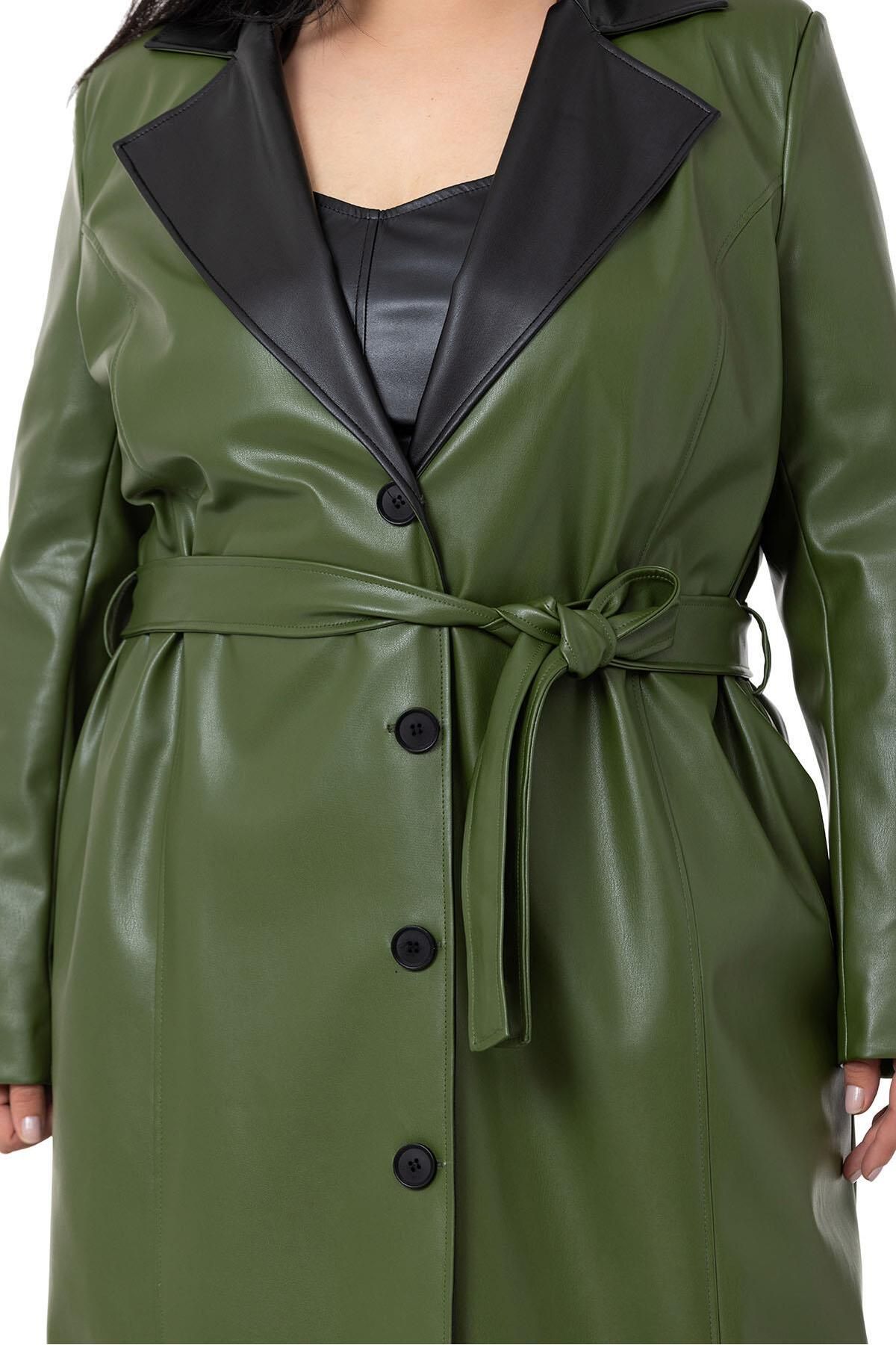 DISENTIS MODEST-Large Size Leather Khaki Long Coat with Garnish Collar and Side Pockets 5