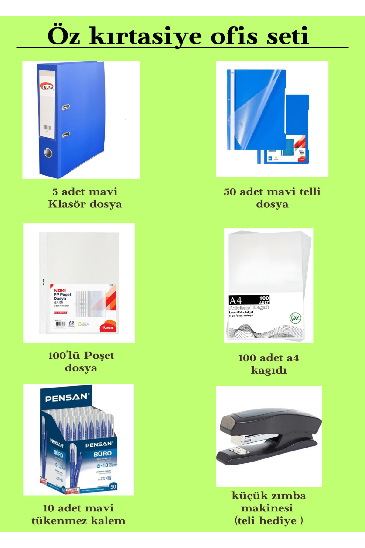 ÖZ KIRTASİYE-Blue Folder 5-Piece File 100-A4 paper 100-Piece-Blue ballpoint 10-Ring File 50-Piece-Staple machine 1