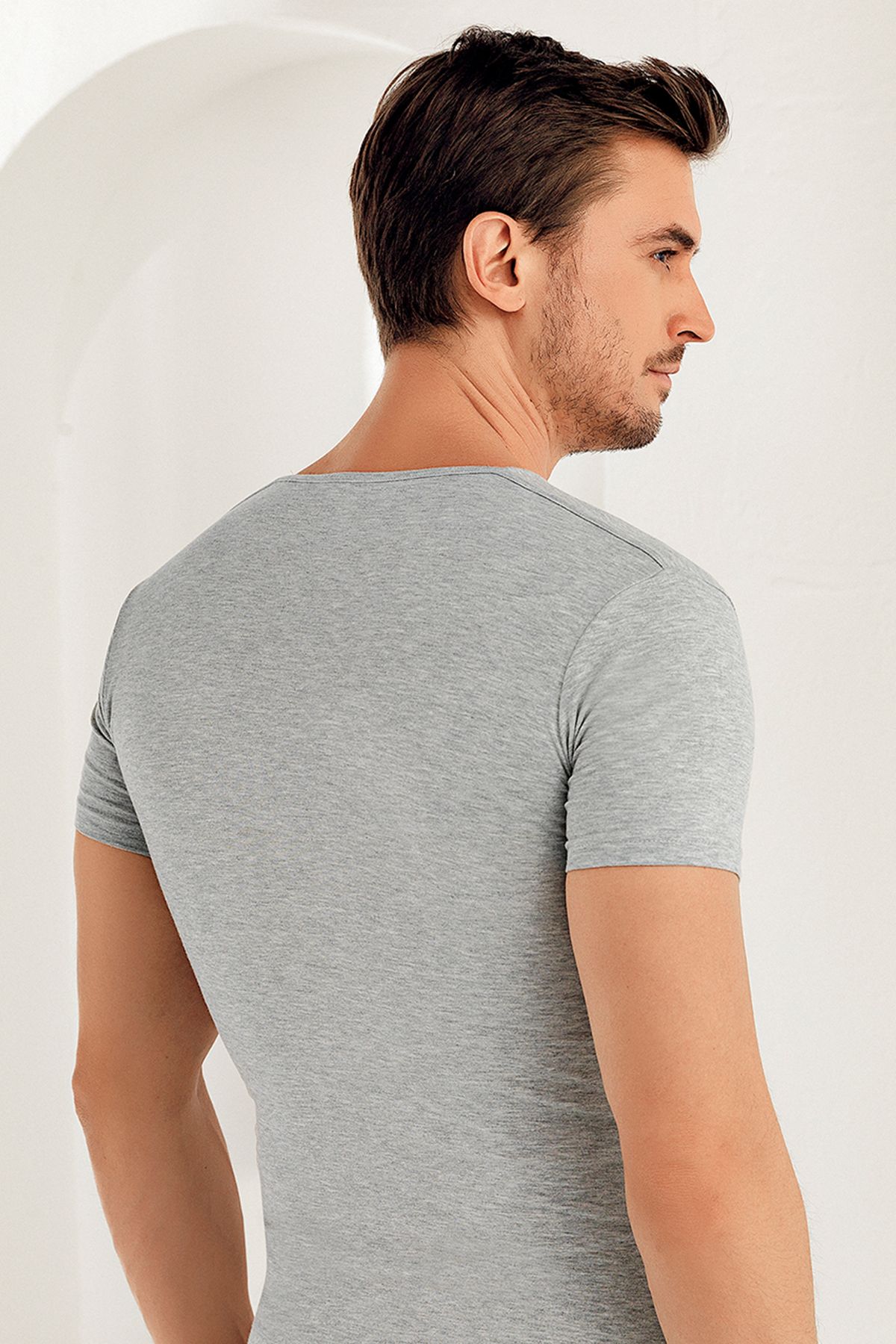 Şahinler-Short Sleeve V-Neck Lycra Single Jersey Tank Top Gray Me081 2