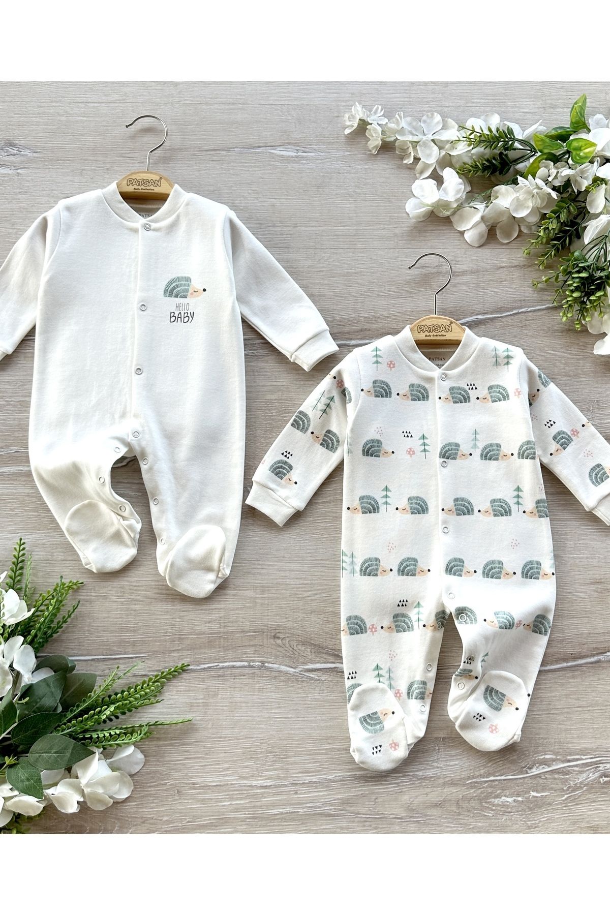 Renkli Puset-Organic Cotton 2-Piece Baby Rompers with Booties Set Hedgehog 1