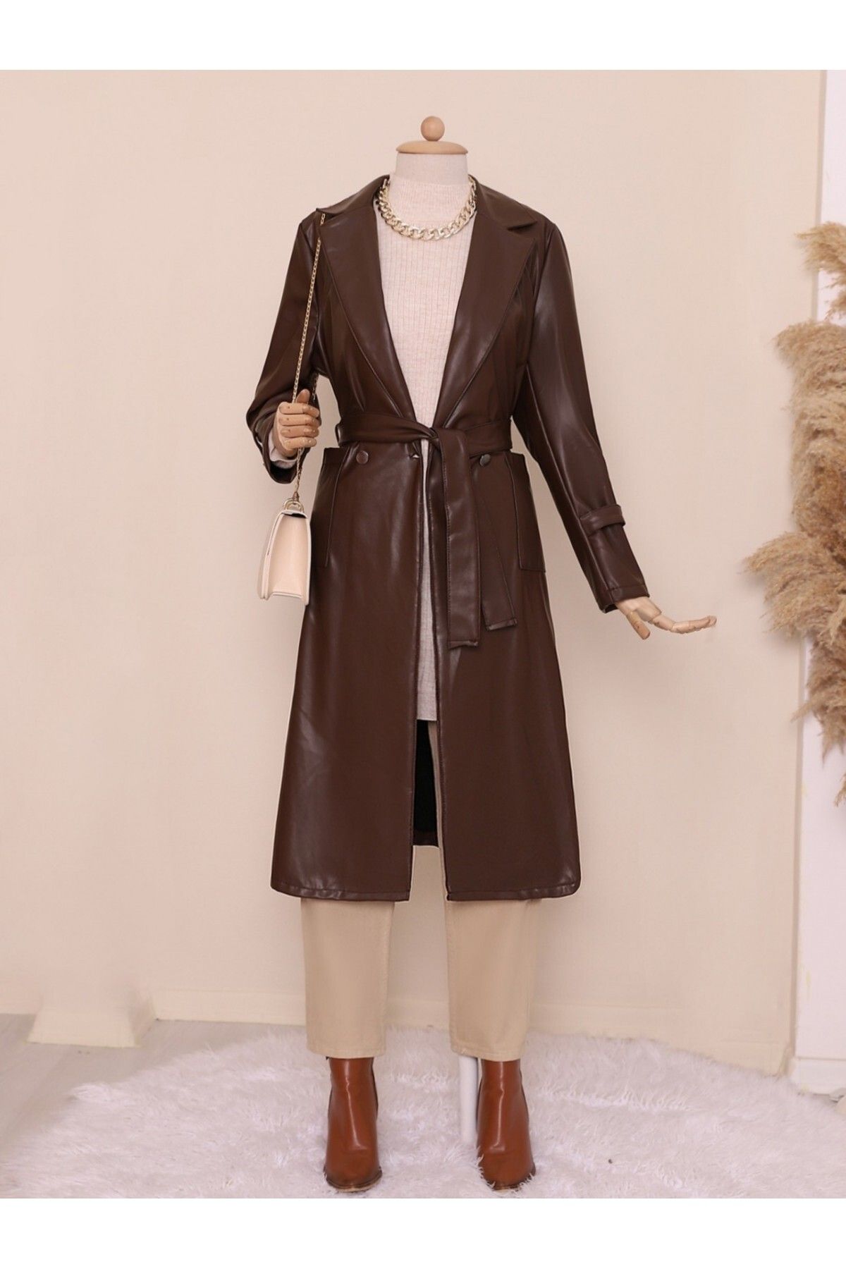 Modamorfo Belted Pocket Hijab Leather Trench Coat Trendyol