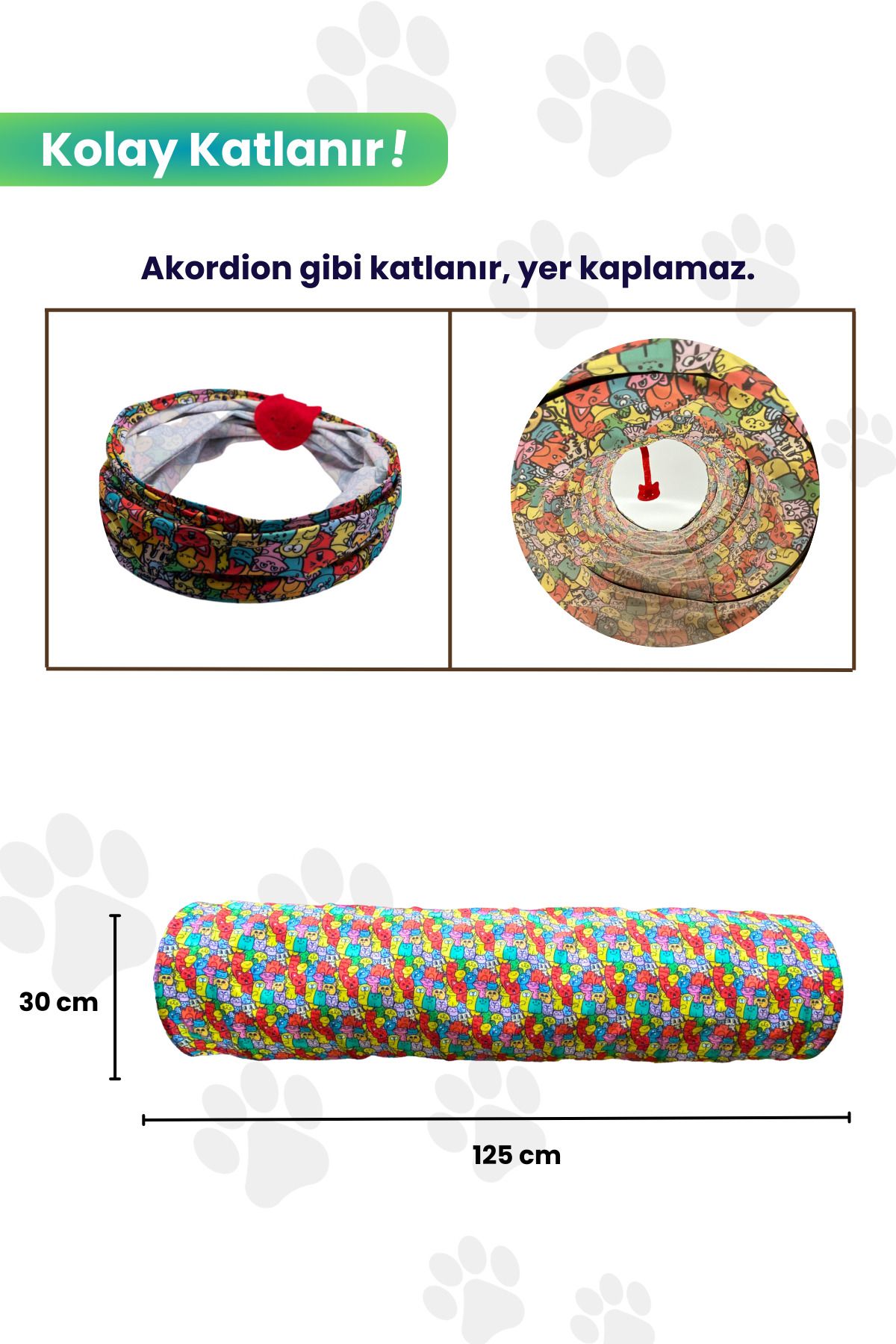 Miyav Katlanabilir Uzun Kedi Tüneli 125 Cm Oxford Kumaşlı Dayanıklı Tünel Renkli Desenli Kedi Oyun Alanı