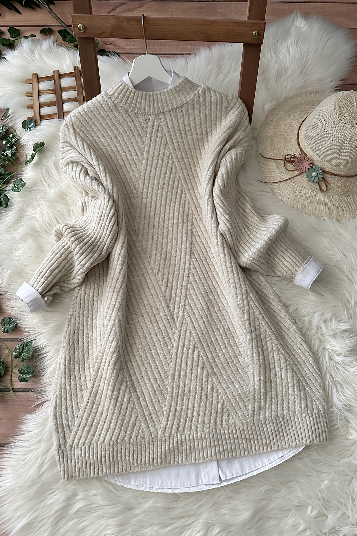 MODAQU Baklava Yumoş Kazak Tunik - Taş