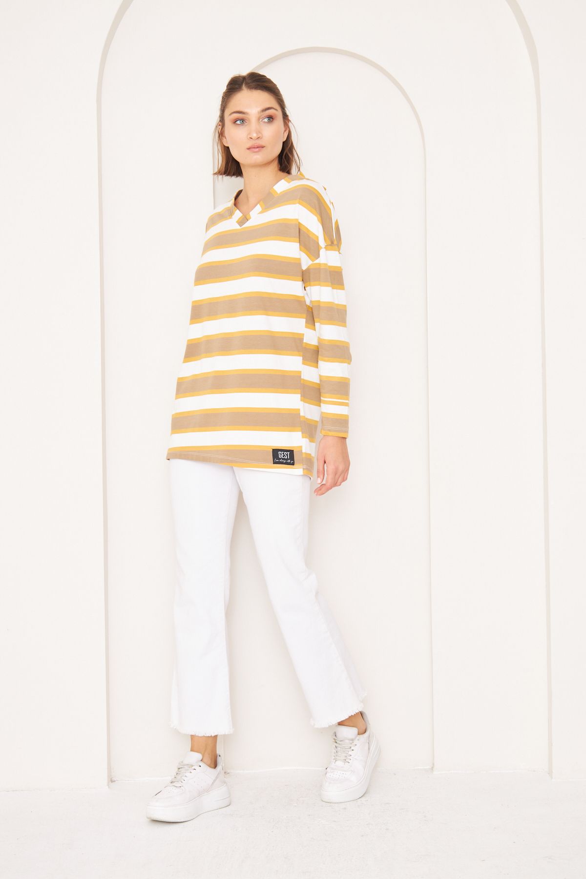 THEGEST-WOMEN'S :BORDO STRIPED V-NECK BASIC KNITTED T-SHIRT 2