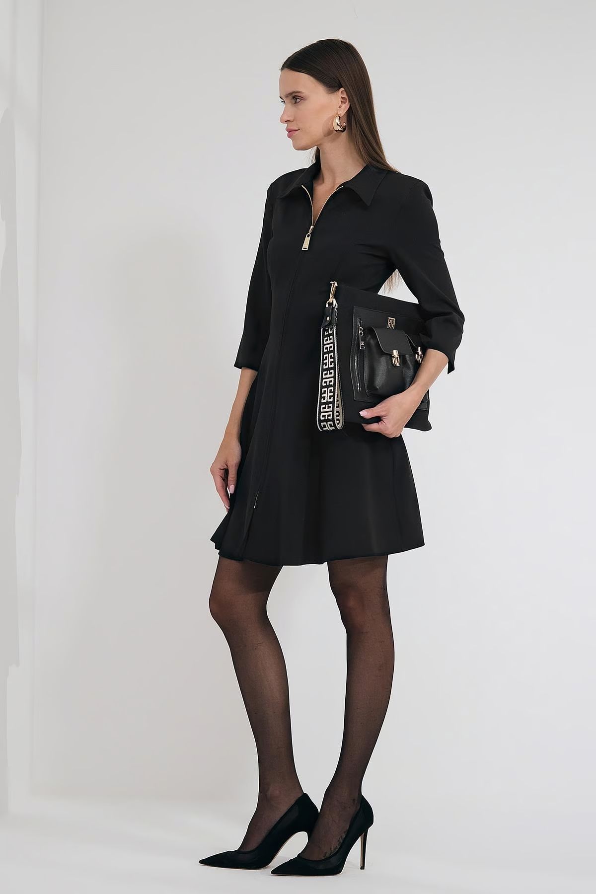 Black dress with gold zipper in front sales