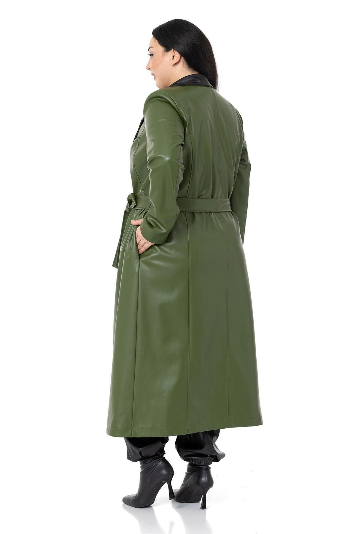 DISENTIS MODEST-Large Size Leather Khaki Long Coat with Garnish Collar and Side Pockets 3
