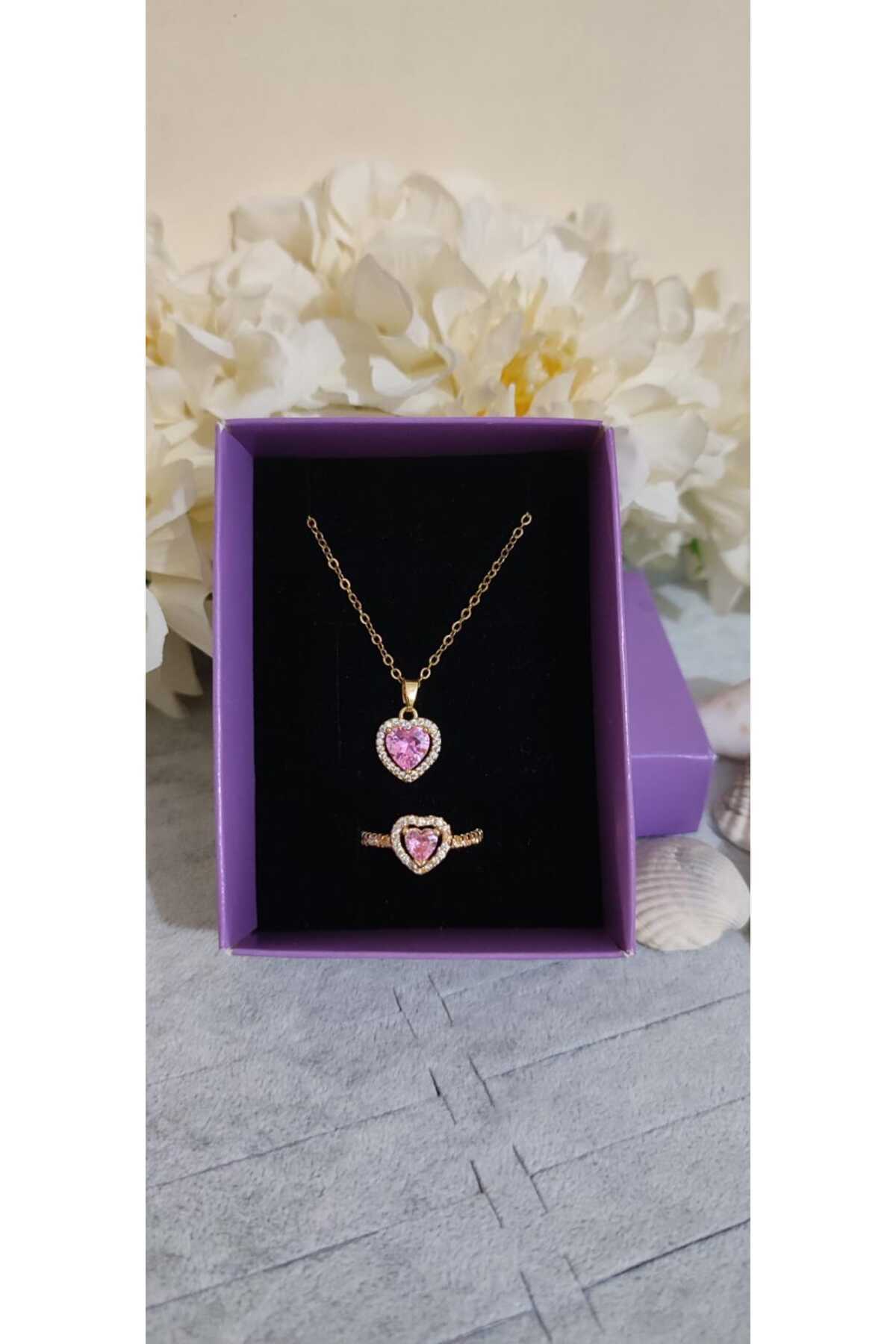 Çelik Model Kalpli Kolye Yüzük Takım Gold 2