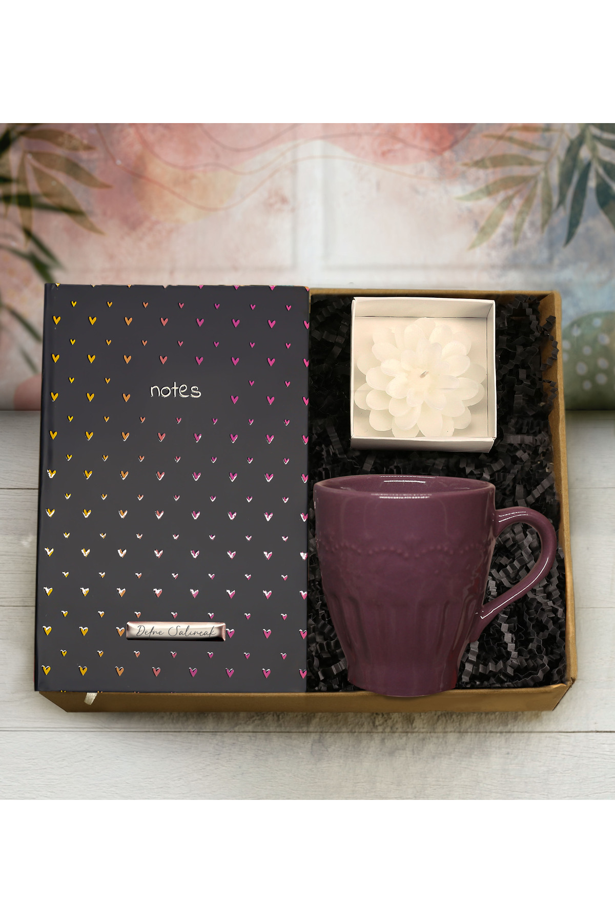 Personalized Patterned Notebook & Purple Mug & Decorative Candle Gift Set