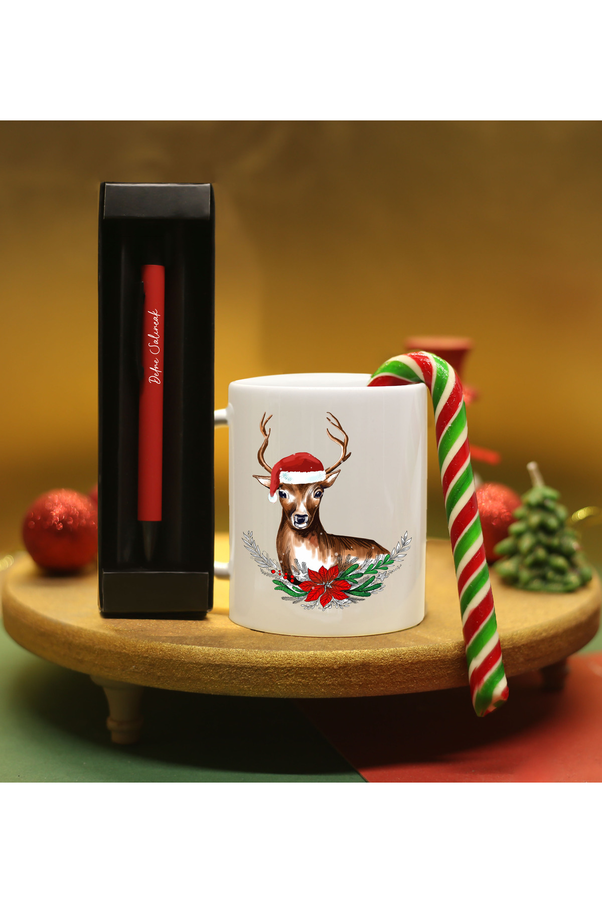 NEW YEAR'S SPECIAL Personalized Ballpoint Pen & New Year's Special Deer Printed Mug & Candy Cane Gift Set