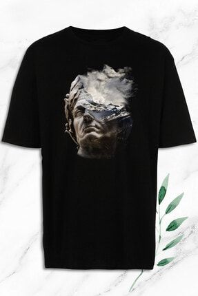 Oversize Mitoloji Julius Caesar Heykel Baskılı Siyah Tişört OVR 99