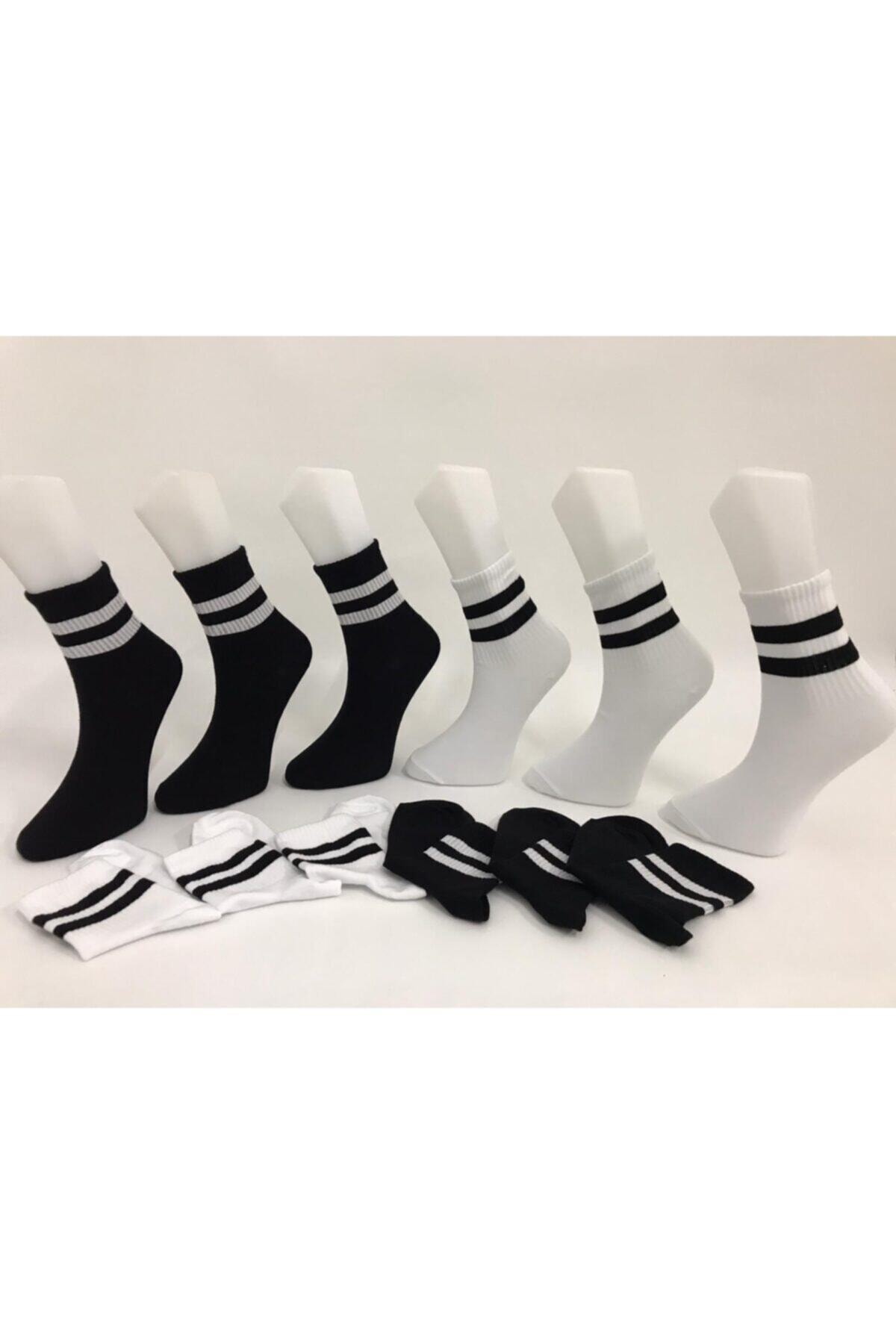 AYMİRAY ÇORAP Unisex 6' Lı Siyah Ve Beyaz Çizgili Tenis Çorabı