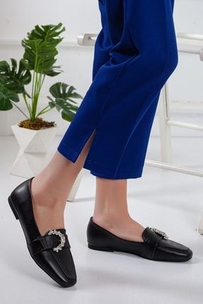 Kadın Siyah Taşlı Loafer Ayakkabı Loafer Ayakkabı BABET TAŞLI-022