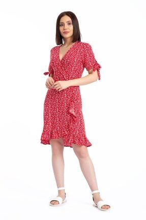 Kadın Kırmızı Mini Çiçek Desen Elbise 3719