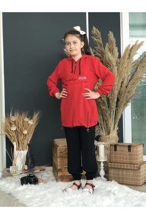 Kız Çocuk Kırmızı Ayrobin Kumaş Tunik Pantolon Takım 4003 CEFRİ TUNİK TAKIM KIRMIZI