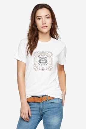 Burç Yengeç Cancer Baskılı Beyaz Kadın Örme Tshirt T-shirt Tişört T Shirt RF0310-KDNTS