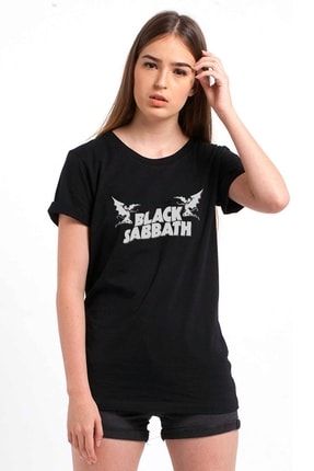 Black Sabbath Logo Baskılı Siyah Kadın Örme Tshirt T-shirt Tişört T Shirt RF0059-KDNTS
