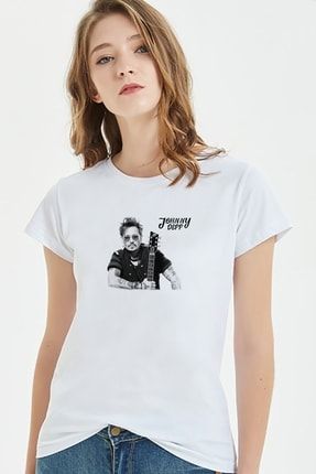 Johnny Depp Baskılı Beyaz Kadın Örme Tshirt T-shirt Tişört T Shirt BGA2073KDNTS