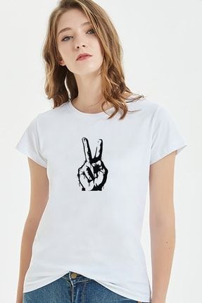 Zafer Işareti Baskılı Beyaz Kadın Örme Tshirt T-shirt Tişört T Shirt BGA2812KDNTS