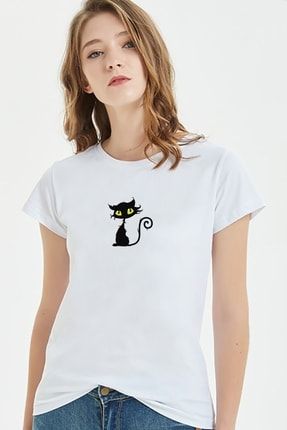 Kiss Black Cat Kitten Halloween Clip Baskılı Beyaz Kadın Örme Tshirt T-shirt Tişört T Shirt BGA2123KDNTS