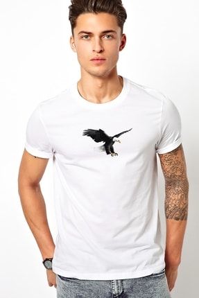 Kartal Eagle Bird Baskılı Beyaz Erkek Örme Tshirt T-shirt Tişört T Shirt BGA2100ERKTS