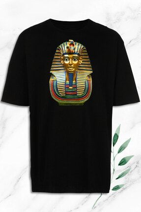 Unisex Siyah Oversize Antik Mısır Egypt Firavun Heykel Baskılı Tişört OVR 128