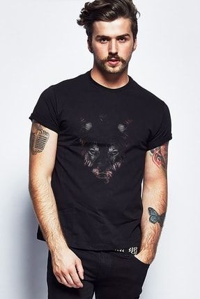 Kurt Wolf Geyik Animal Baskılı Siyah Erkek Örme Tshirt T-shirt Tişört T Shirt SFK0515ERKTS