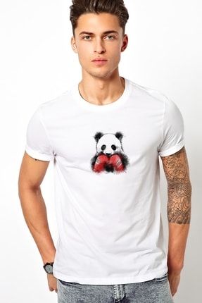 Panda Boks Baskılı Beyaz Erkek Örme Tshirt T-shirt Tişört T Shirt BGA2373ERKTS