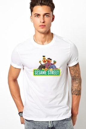 Susam Sokağı Baskılı Beyaz Erkek Örme Tshirt BGA0352ERKTS