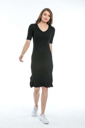 Kadın Siyah Yırtmaç Detaylı Elbise TGR-34