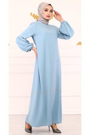 Kadın Mavi Yasemin Taş Baskılı Elbise 1015