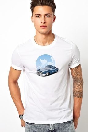 Classic Car Klasik Araba Baskılı Beyaz Erkek Örme Tshirt T-shirt Tişört T Shirt BGA1831ERKTS
