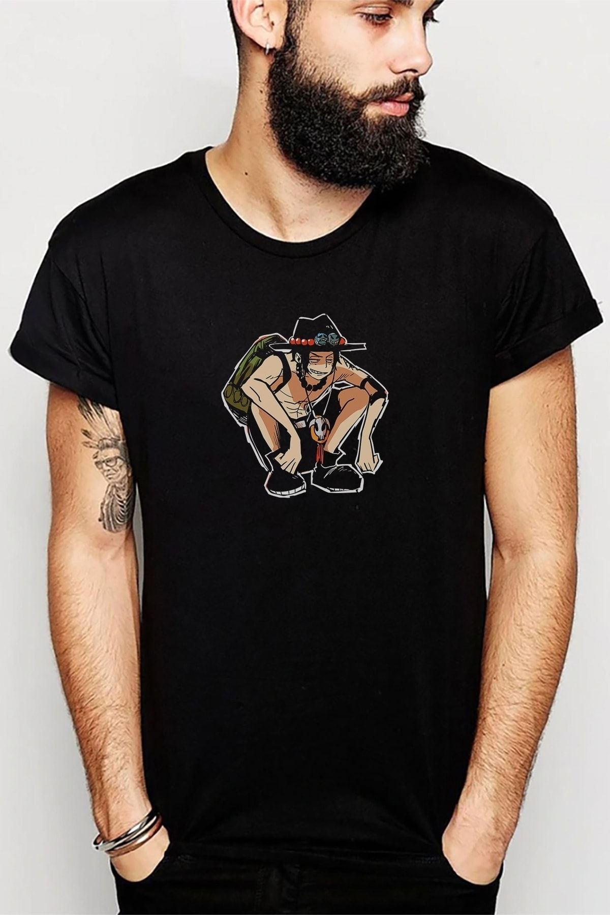QIVI Tricou Tricotat Pentru Bărbați Negru Cu Imprimeu One Piece Luffy Masculin - XS