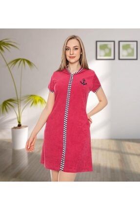 Önü Fermuarlı Fuşya Renk Kapüşonlu Havlu Kadın Elbise 7564