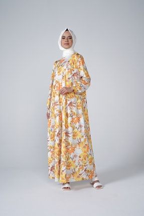 Kadın Sarı Lilyum Desen Mikro Kumaş Elbise 1-MK-100-5