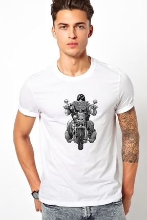 Motorcu Motorsiklet Baskılı Beyaz Erkek Örme Tshirt BGA1292ERKTS