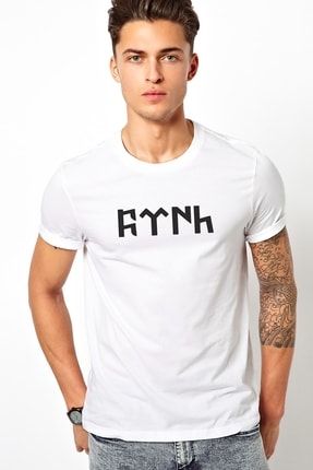 Göktürk Türk Baskılı Beyaz Erkek Örme Tshirt T-shirt Tişört T Shirt RF1201-ERKTS