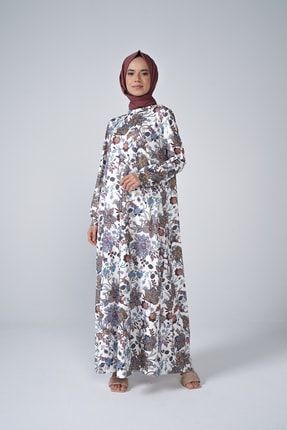 Kadın Krem Etnik Desen Mikro Kumaş Uzun Vera Elbise 1-MK-100-5