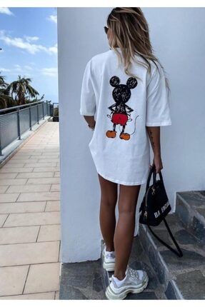 Ünisex Beyaz Micky Mause Baskılı Oversize T-shirt 48488