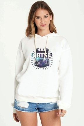 K Pop Bts Logo Koreli Grup Baskılı Beyaz Kadın Örme Kapşonlu Sweatshirt Uzun Kol BGA2143-KDNKP