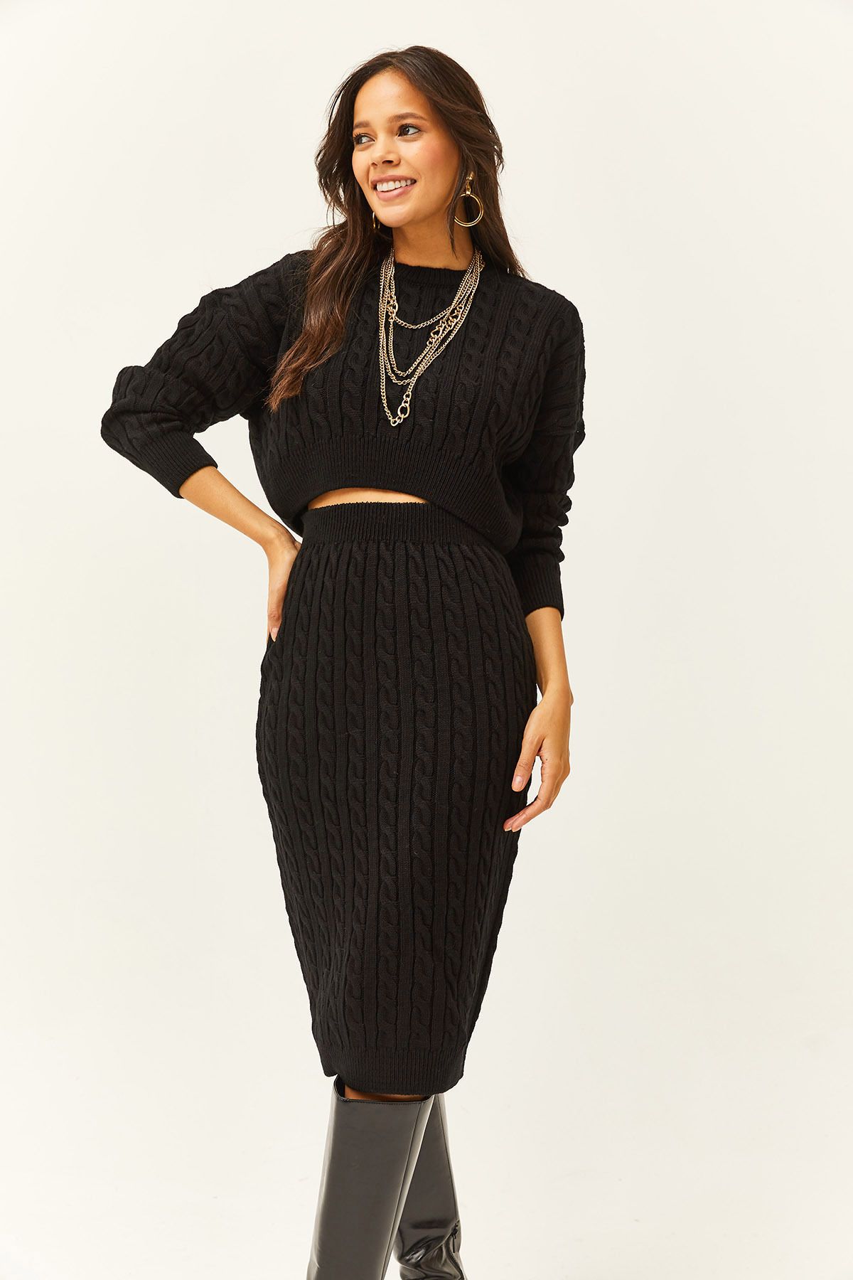 Olalook-Damski czarny top sweter dolna spódnica midi włosy pleciony garnitur TKM-19000247 3