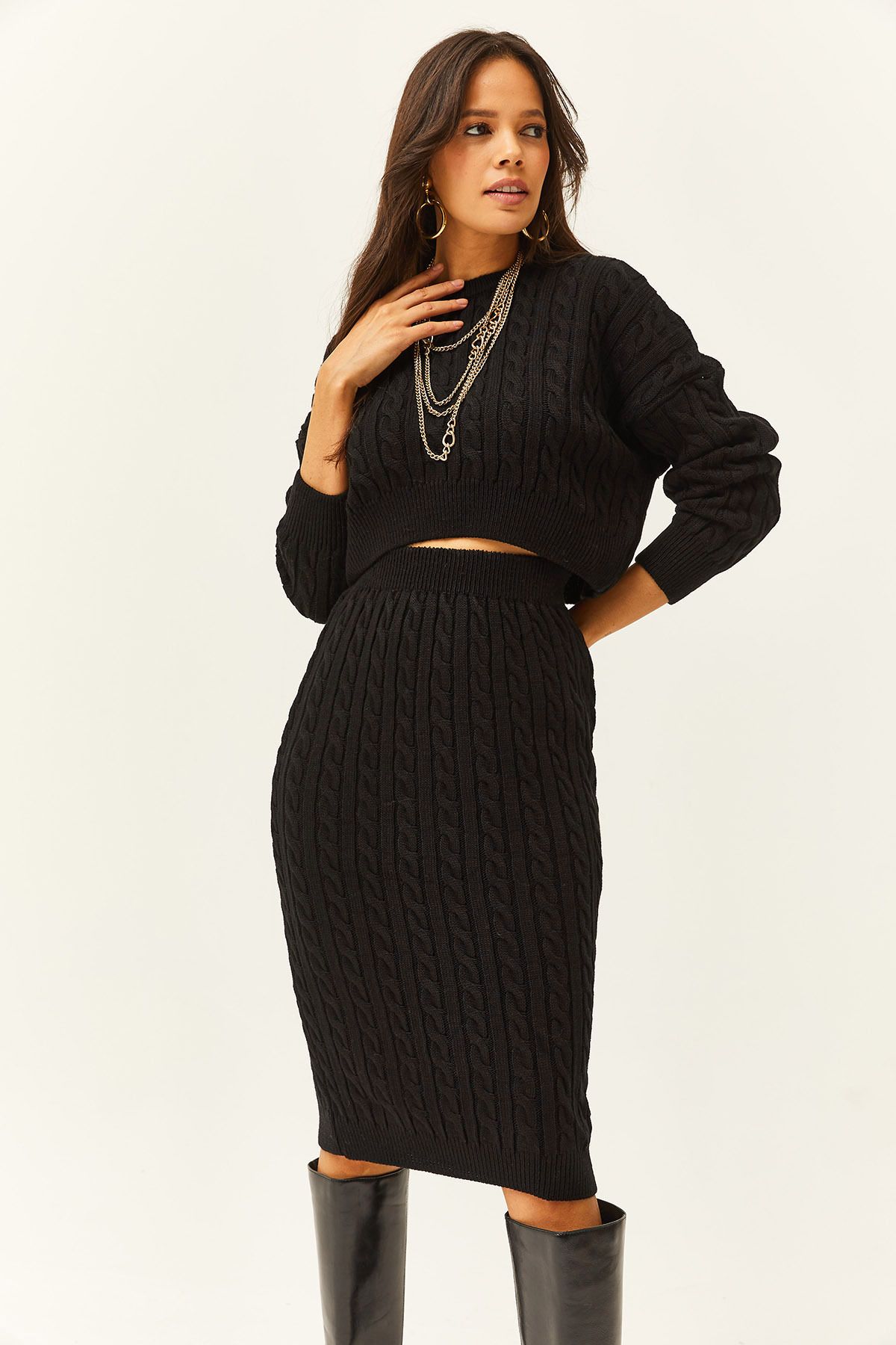 Olalook-Damski czarny top sweter dolna spódnica midi włosy pleciony garnitur TKM-19000247 5