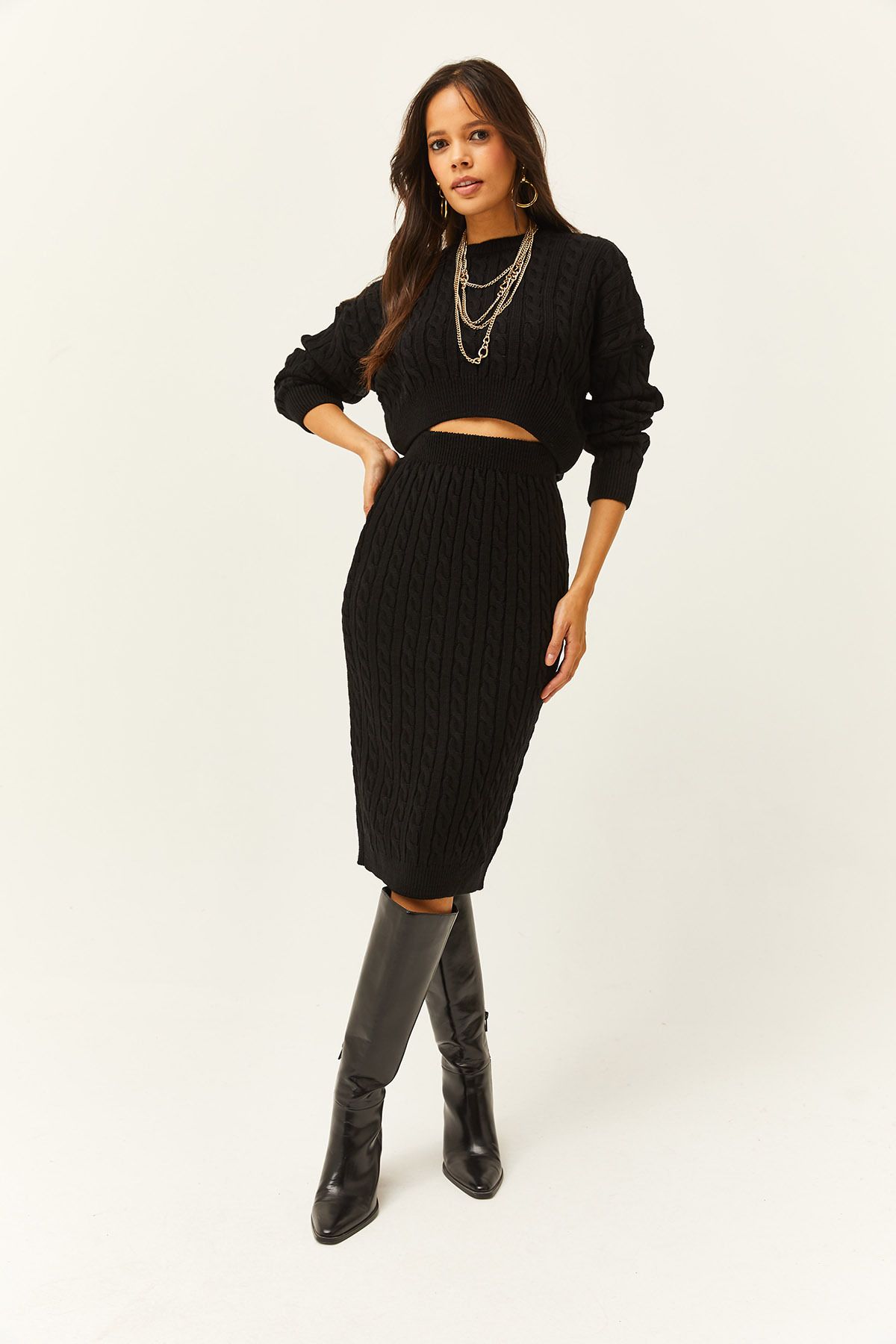 Olalook-Damski czarny top sweter dolna spódnica midi włosy pleciony garnitur TKM-19000247 2