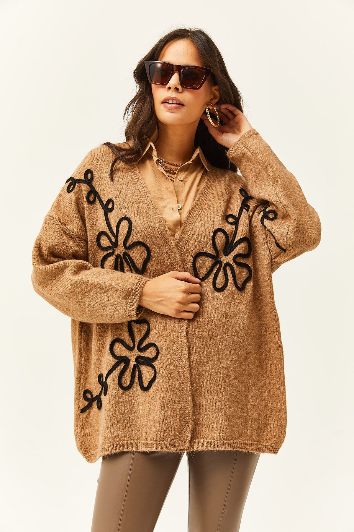 Womens camel cardigan top sweater