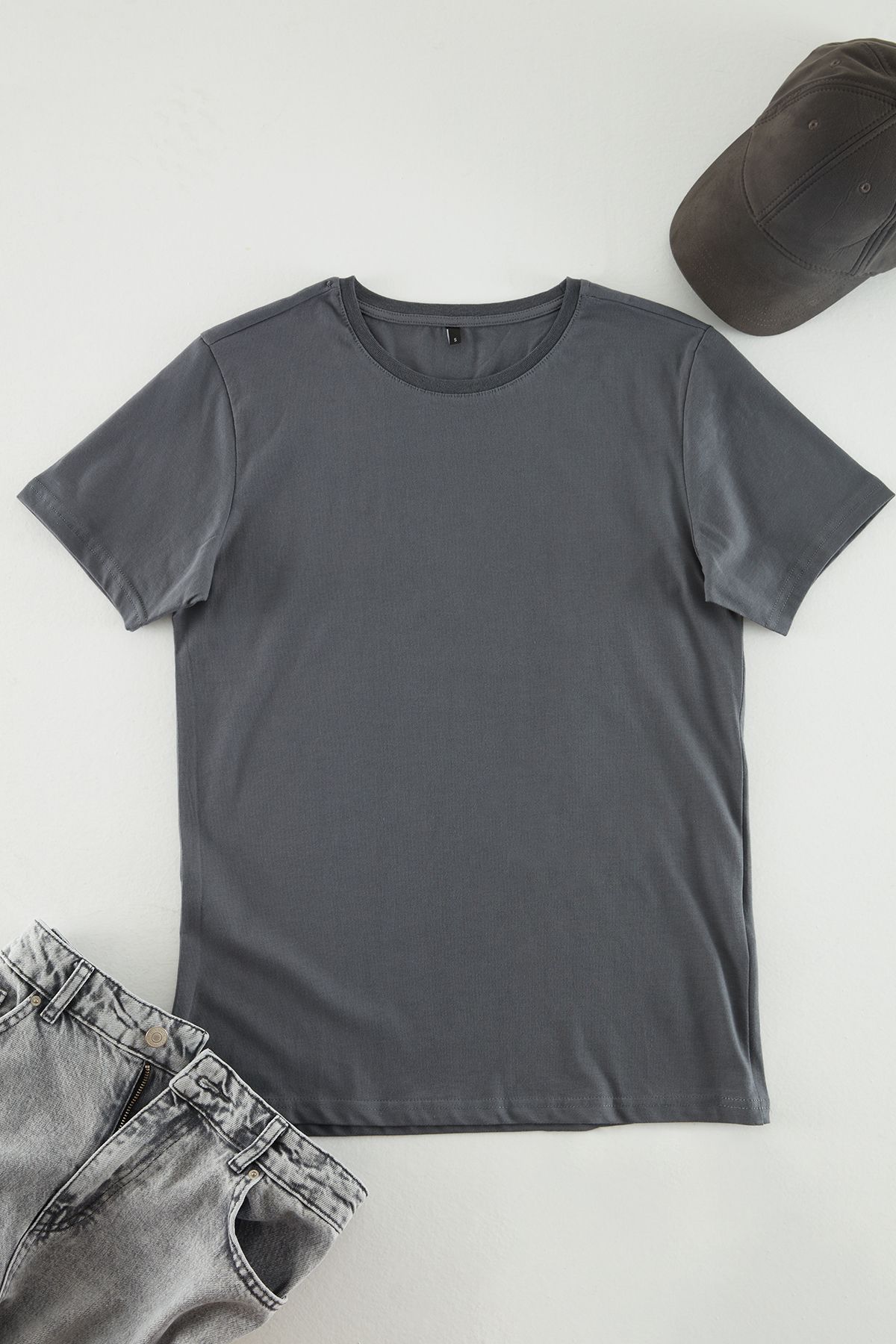 Trendyol Collection-Anthracite Color Slim Fit Crew Neck 100% Cotton T-Shirt - Tmnss19Bo0001 8
