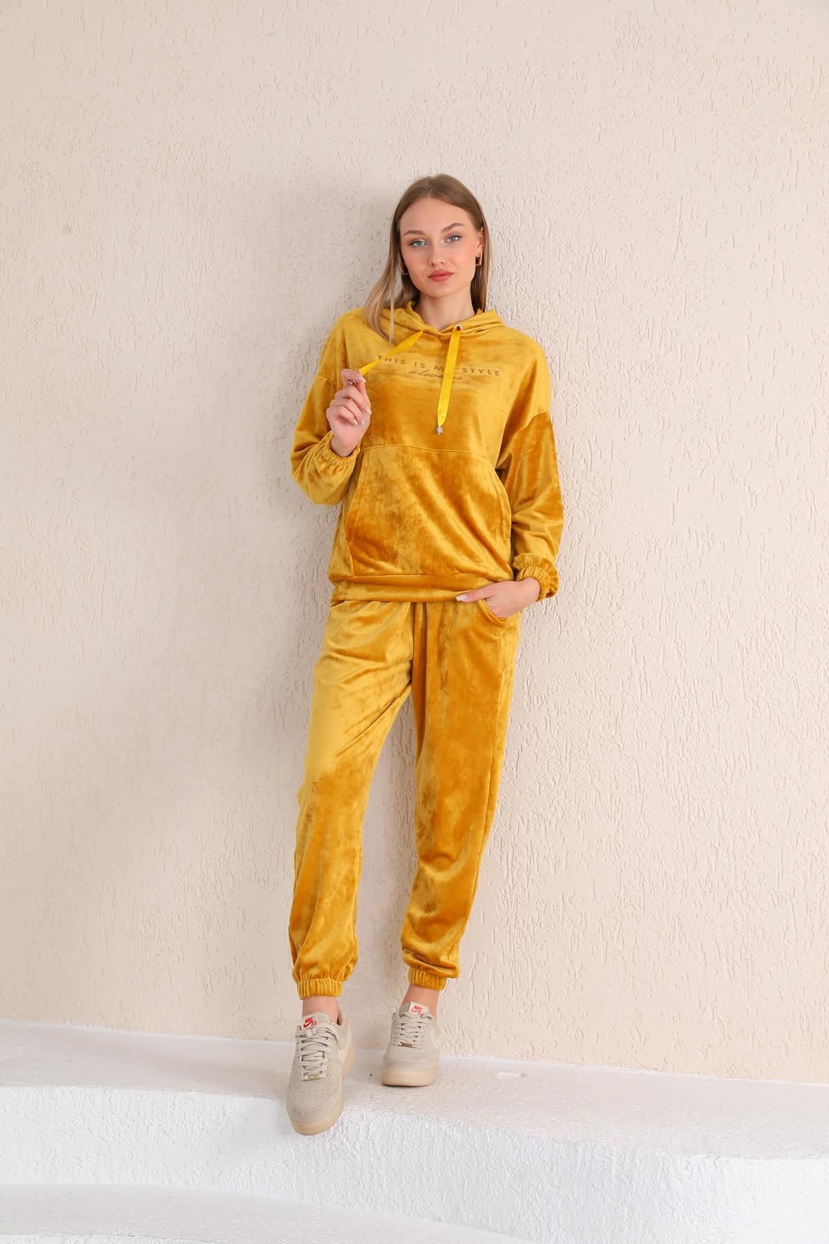 westbound Women s YELLOW Soft Velvet Tracksuit Set Trendyol