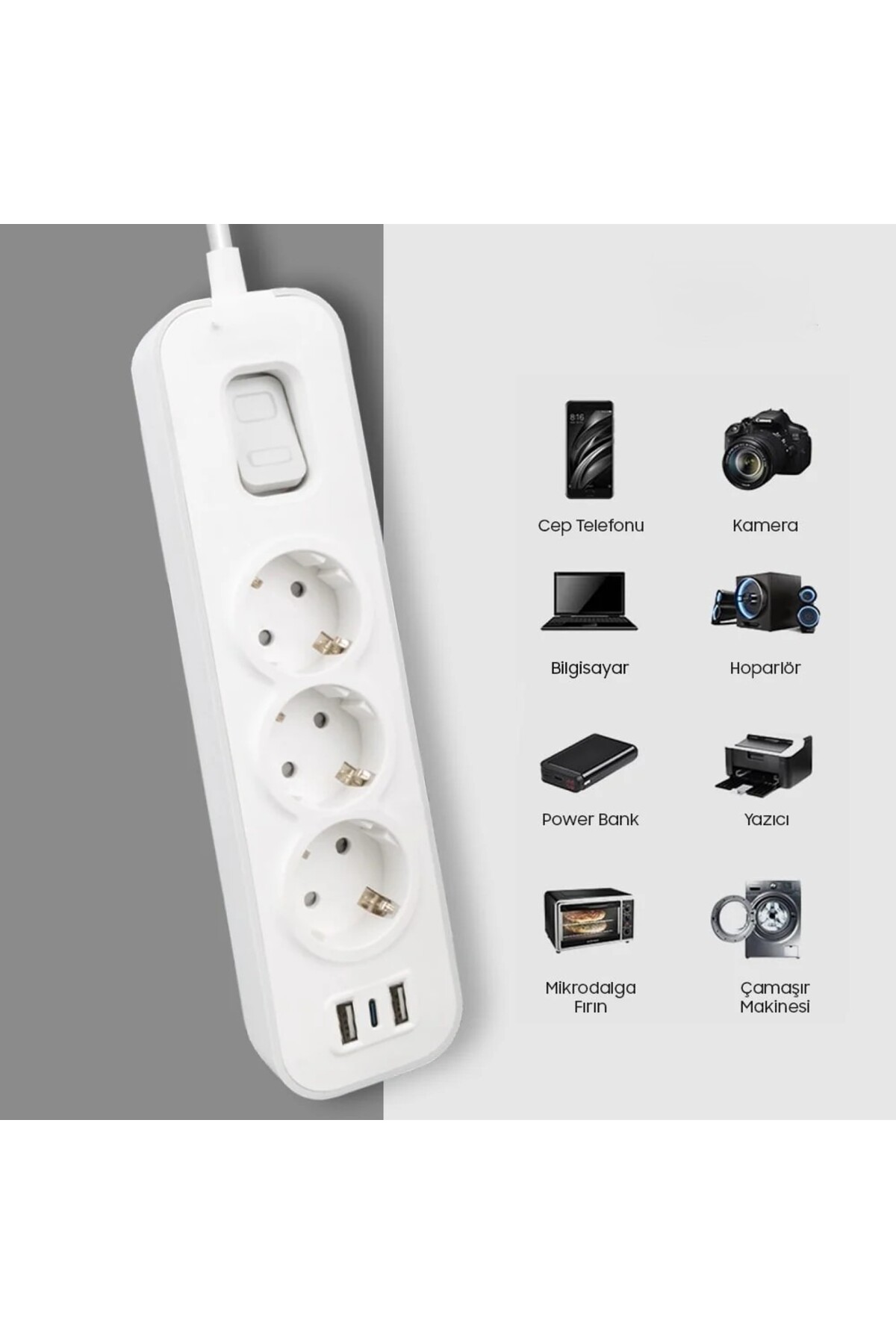 YÜKSEK KALİTELİ 3'LÜ 2 USB'Lİ AÇMA KAPAMA TUŞLU 1.5 METRE AKIM KORUMALI VE ÇOCUK KORUMALI GRUP PRİZ